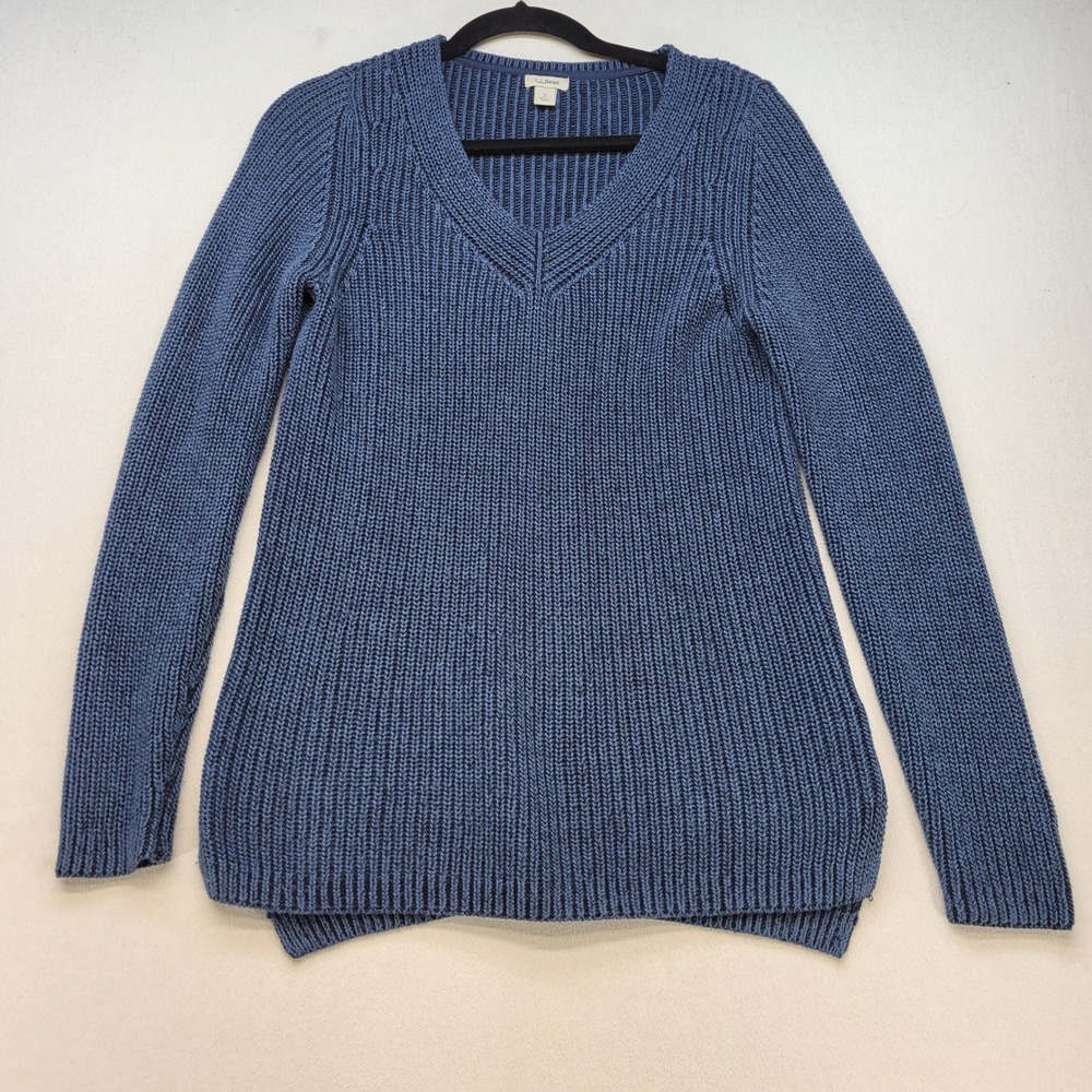 L.L. Bean Sweater Women Small Blue Chunky Knit Shaker Stitch V-Neck 100% Cotton